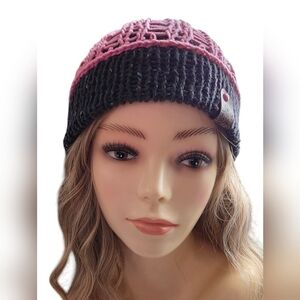 Handmade knitted beanie toque knit mesh overlay vegan leather tag slight slouch